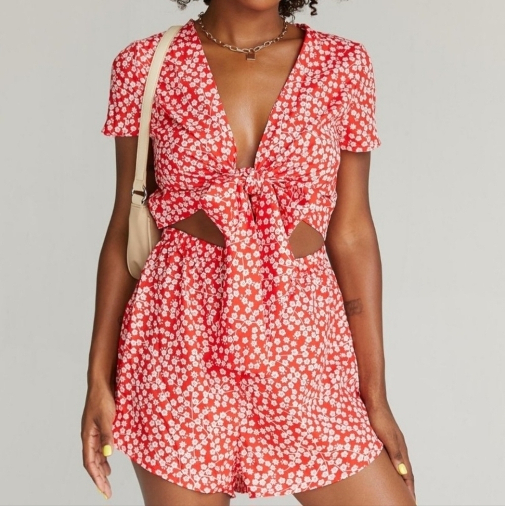 Princess Polly red white floral tie front open shorts romper